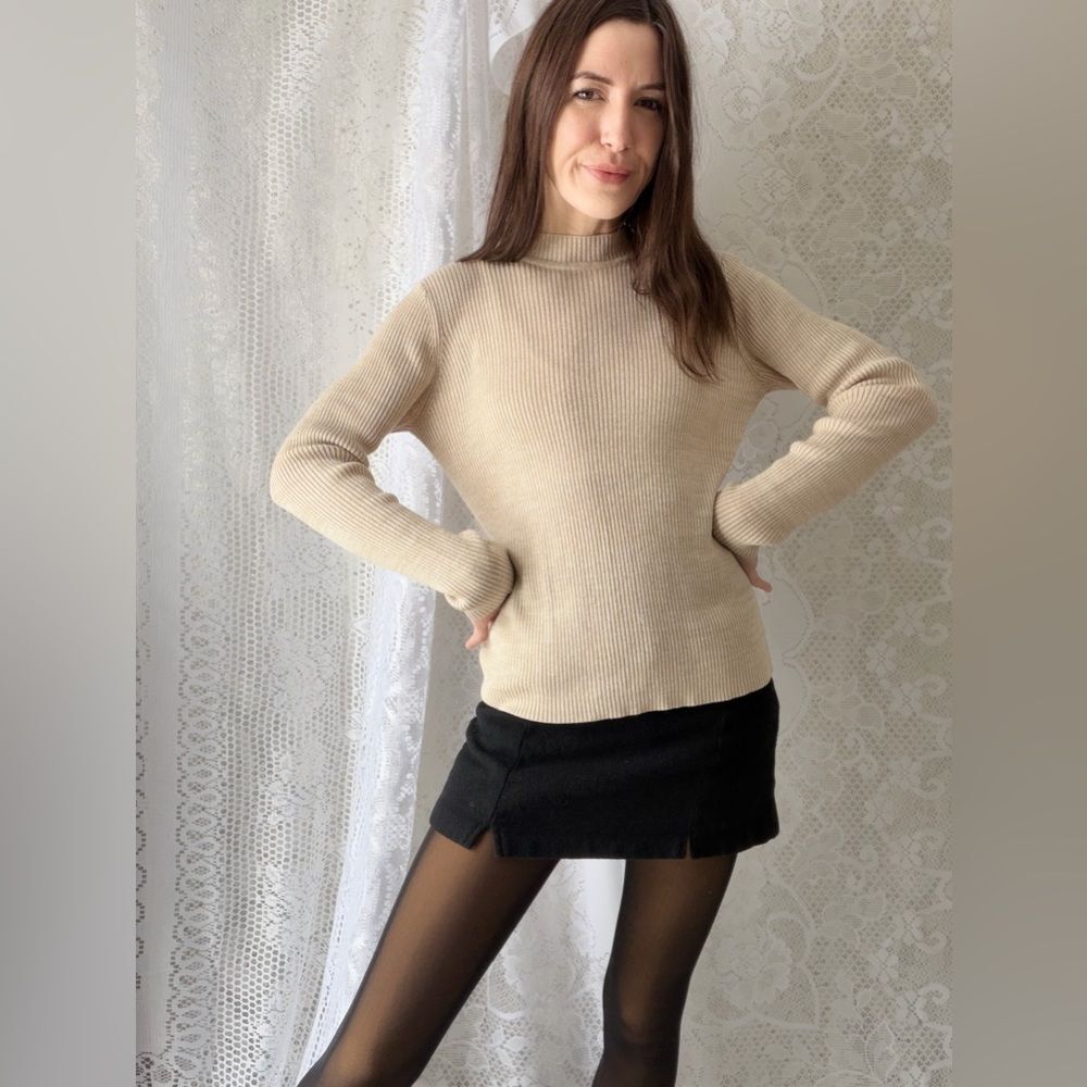 Vintage 90s Ribbed Mock Neck Sweater Sag Harbor Beige - Picture 6 of 12